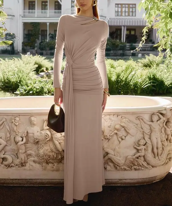 

2026 Spring/Summer New Women's Fashion Style Elegant Slimming Waist Fold Irregular Long Sleeve Dress Women's Wear