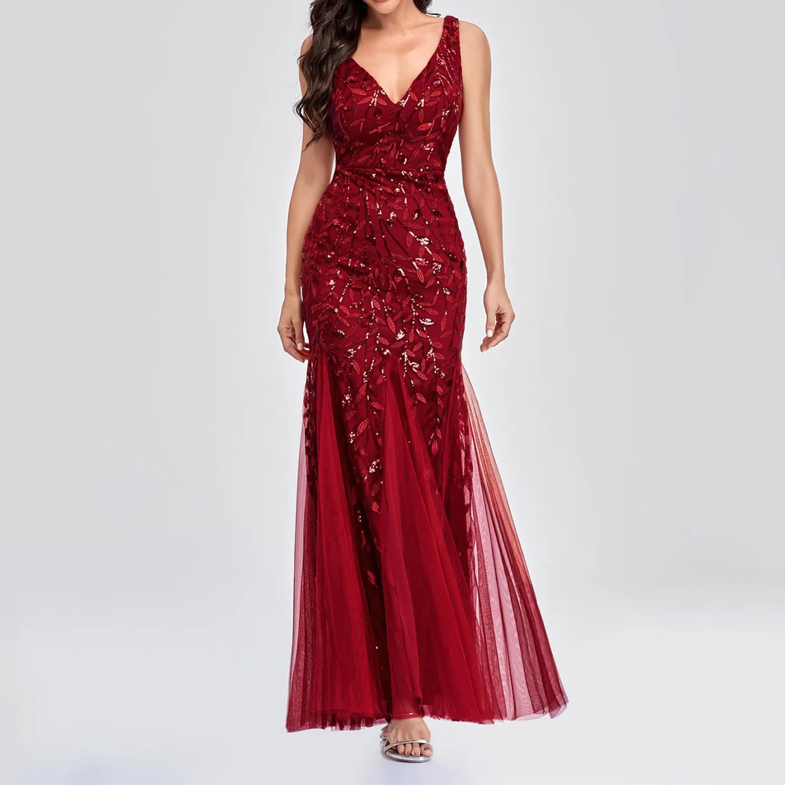 Temperamento vestidos de noite feminino elegante sem mangas com decote em v malha lantejoulas fino ajuste casamento vestido de dama de honra feminino vestidos de festa