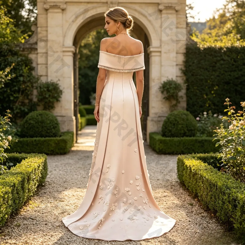 Customized Light Luxury Off Shoulder Satin Evening Gowns with Three-dimensional Flower Decals Crystal Tassels Straight Dresses