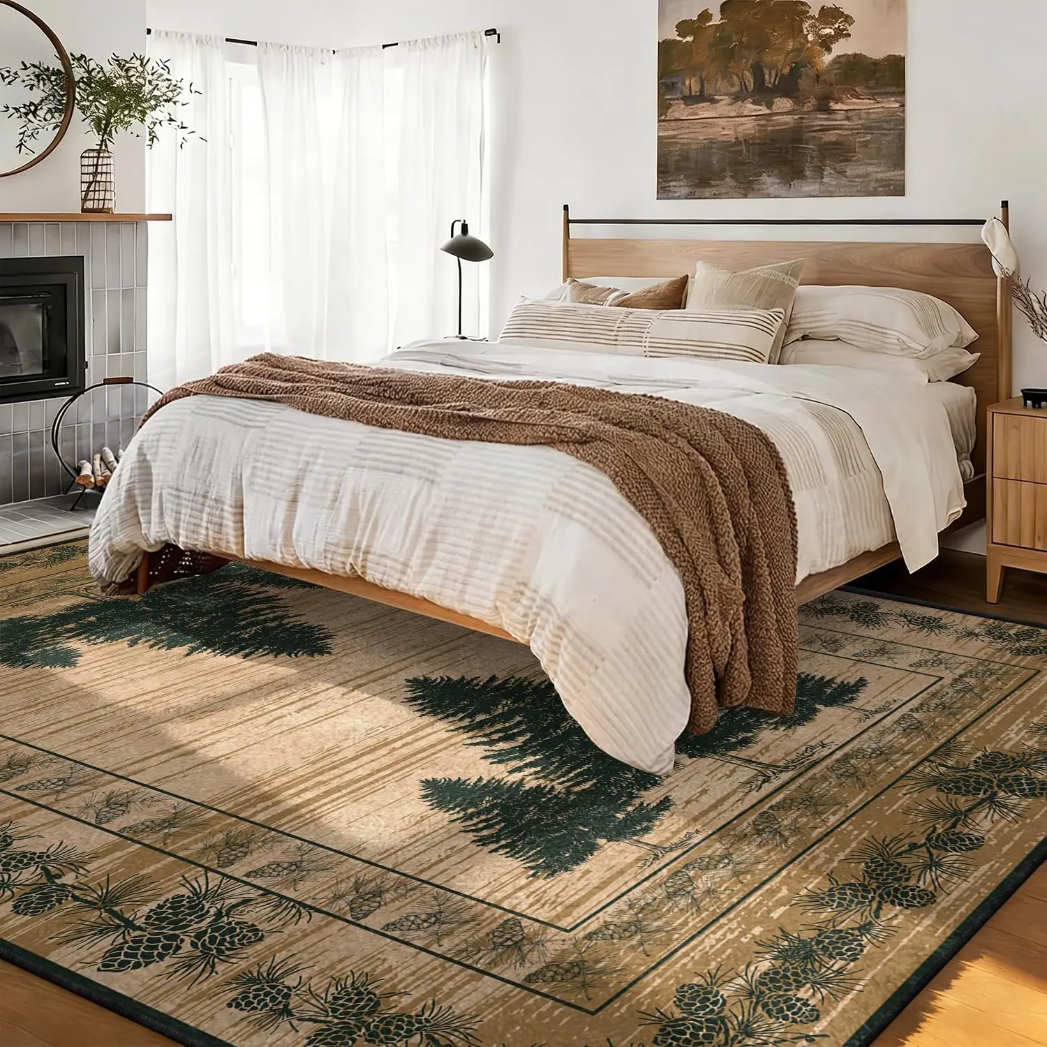 1pc 2D Flat Vintage Green Pine Tree Border Printed Floor Mat, Decorative Rug for Living Room, Dining Room, Entryway, Home Decor