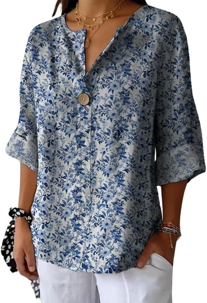 

Womens Boho Cotton Linen Print Tops Trendy Summer V Neck Rolled 3/4 Sleeve Loose Fit Blouses for Beach Holiday