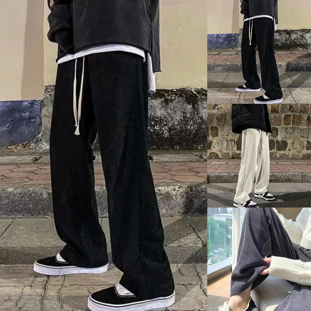 

Men Corduroy Casual Pants Loose Straight-Leg Sweatpants Elastic Waist Trousers