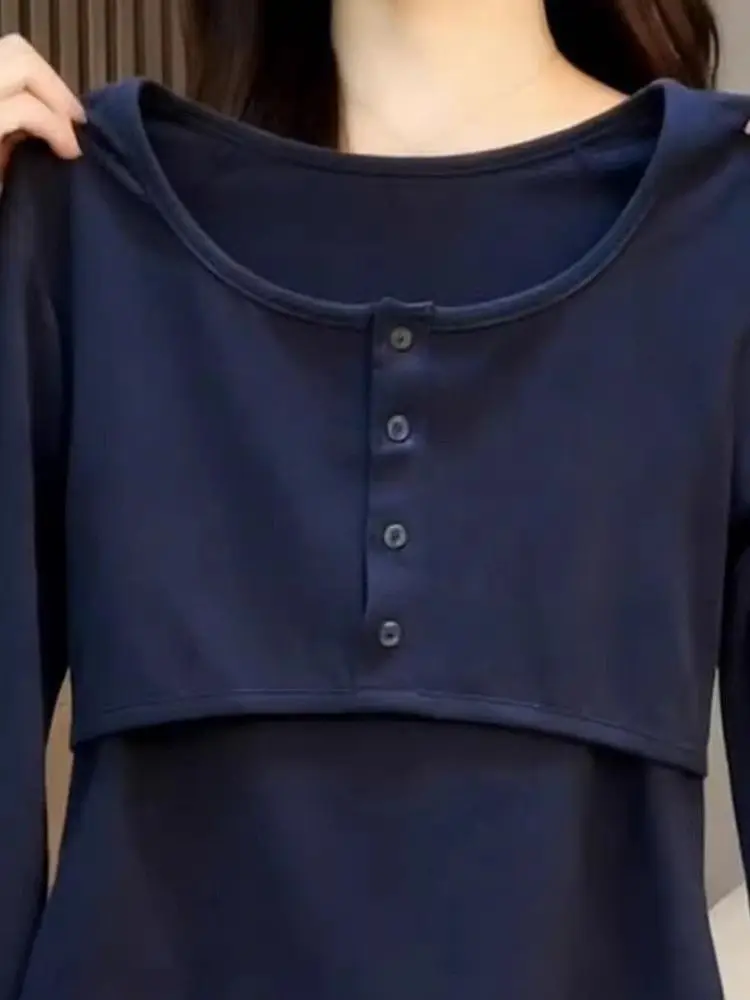Elegant Ladies' Long Sleeve T-Shirt Spring 2026 Fashion High Waist Design Casual Style Universal Fit round Neck Button Detail