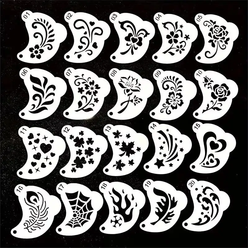 16Pcs Durable PET Plastic Washable Template Reusable Face Painting Stencils With Assorted Floral Spiderweb Heart Designs