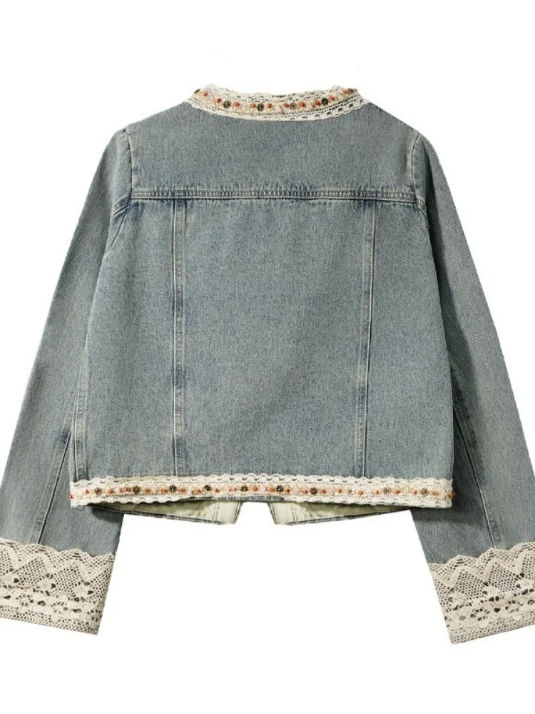 Blue Lace Spliced Short Denim Jacket Women's Fashion Design Sensation Anti-Aging Unique Beautiful Top for Autumn New Arrival
