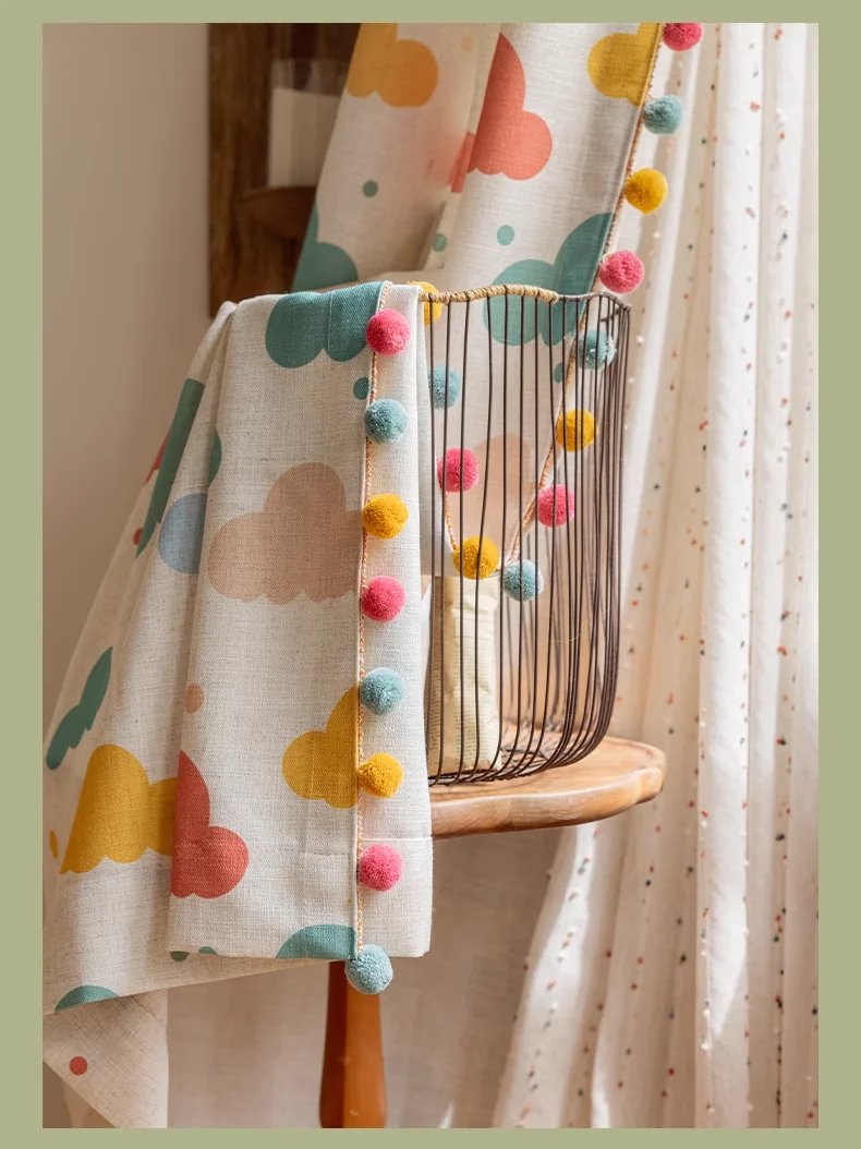 Modern Cute Rainbow Cloud Linen Blackout Curtains Dopamine Color Curtain for Kids Room Boys Girls Bedroom Privacy Window Curtain