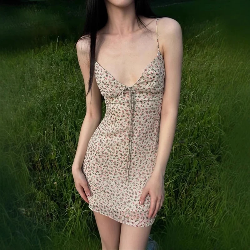 Retro-Blumendruck, schmale Passform, rückenfrei, V-Ausschnitt, durchsichtiges Netz, Spaghettiträger, Sommerkleid, eleganter Stil, sexy Damen, lässig, Party