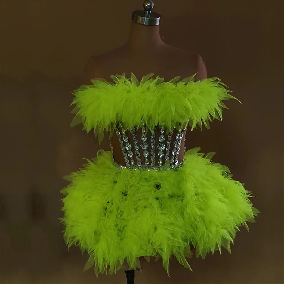 

Shinning Rhinestones Fluorescent Green Sexy Sheath Mini Dress Evening Party Performance Costume Nightclub Singer Dancer Stage