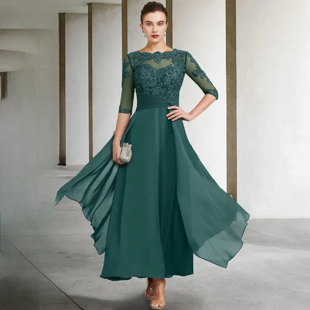 Manruixin mãe da noiva vestidos 2025 comprimento do tornozelo personalizado a linha renda apliques ruched casamento convidados vestidos de noite