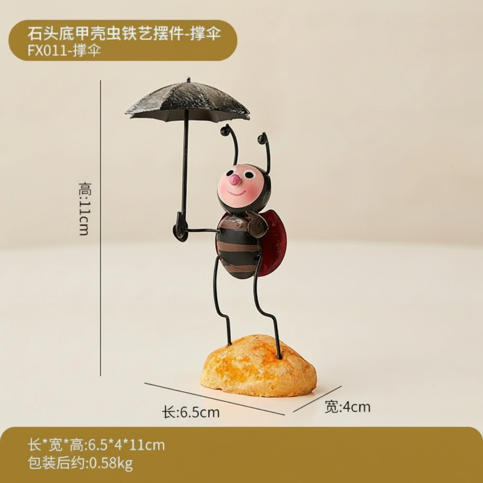 Beetle Figurine Decorative Beetle Ornament Iron Figurine with Stone Base Whimsical Cartoon-Style for Collectors, Desk, Bookshelf