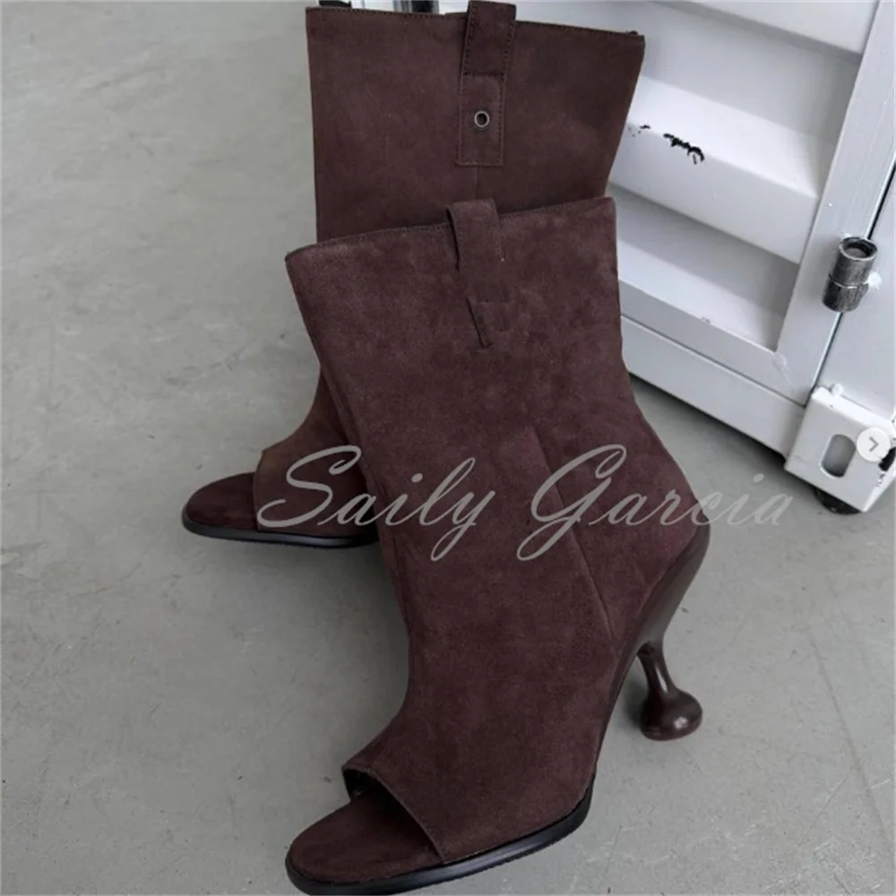 New Spicy Girl Fish Mouth Shaped High Heels Cool Boots Women Fashion Loose Suede Strange Heel Slip On Summer New Ankle Boot