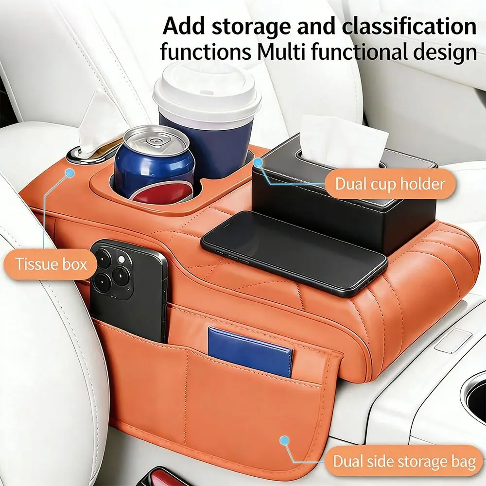 PU Leather Center Console Armrest Cushion Height Increasing Multifunctional Car Armrest Pillow with Cup Holder Tissue Box