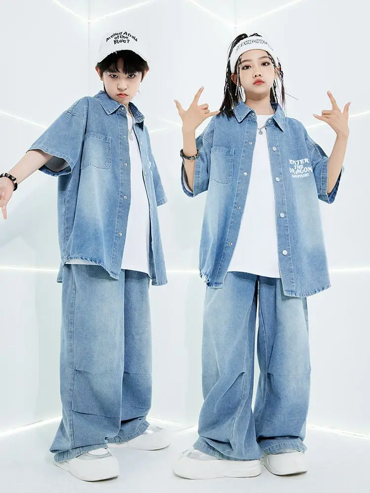 Denim Shirt Hip Hop Suit Children Jazz Performance Costumes Kids Ballroom Hip Hop Dance Festival Clothes Boys Street Wear