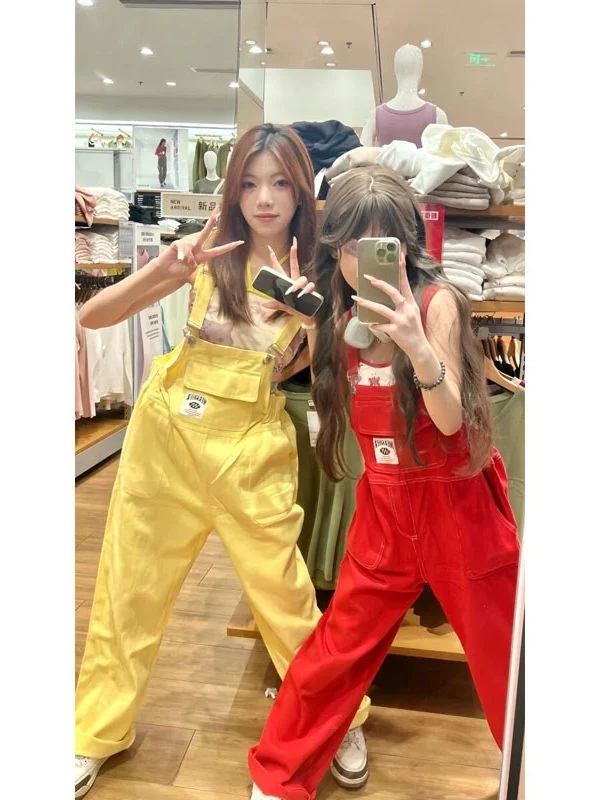 Dopamine Girl Red Overalls Women's Summer Clothes Sweet Youthful Small Size Onesie Set High Waist Long Pants Casual Pants
