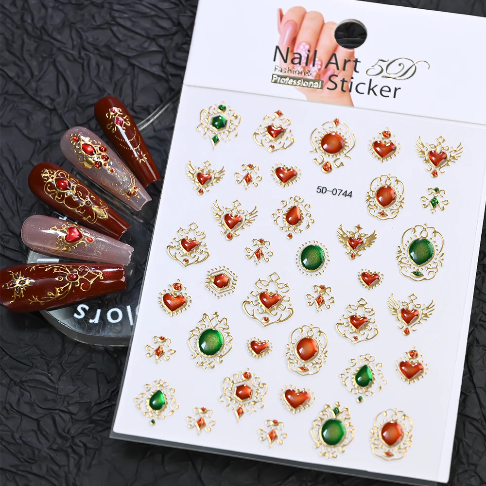 5D geprägte Smaragd-Edelsteine, Nagelkunstaufkleber, luxuriöser goldener Rahmen, barocke Blumen-Nagelaufkleber, grüne Strasssteine, Nagelzubehör