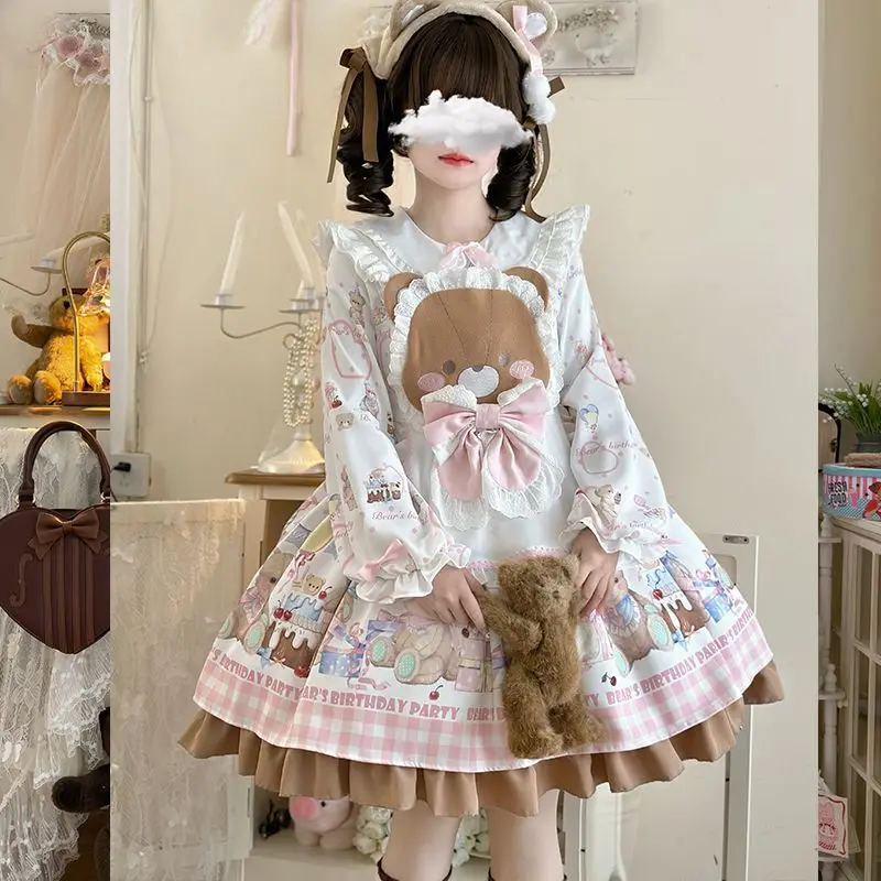 MAGOGO Japanese Kawaii Lolita Long Sleeve Dress Women Autumn Sweet Cute Cartoon Printed Ruffles Bow Apron Princess Party Dresses