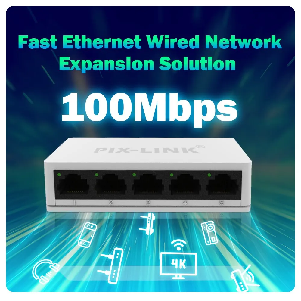 PIX-LINK SW05 Network Switches 5V Mini Ethernet 5 Port 10/100Mbps Fast Wired Network Expansion Solution For Home Office