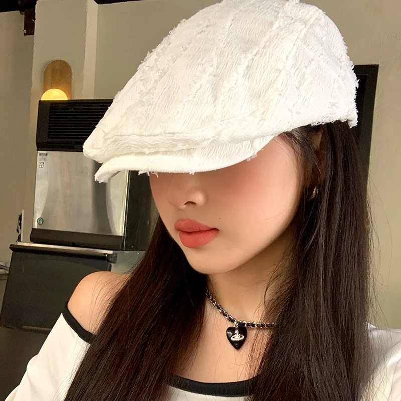 Women's Cute Hat Sweet Cool Style Korean Style White Versatile Solid Color Beret Artistic Retro Newsboy Painter's Hat Kawaii Cap