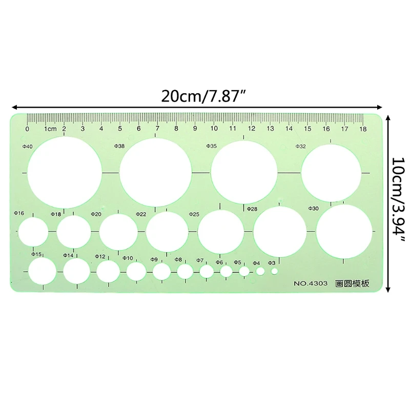 Círculos plástico verde modelo geométrico régua estêncil ferramenta medição estudantes
