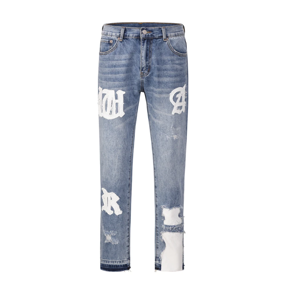 Vintage Washed Letter Embroidery Ripped Hole Blue Men\'s Jeans Straight Frayed Streetwear Hip Hop Loose Unisex Denim Trousers