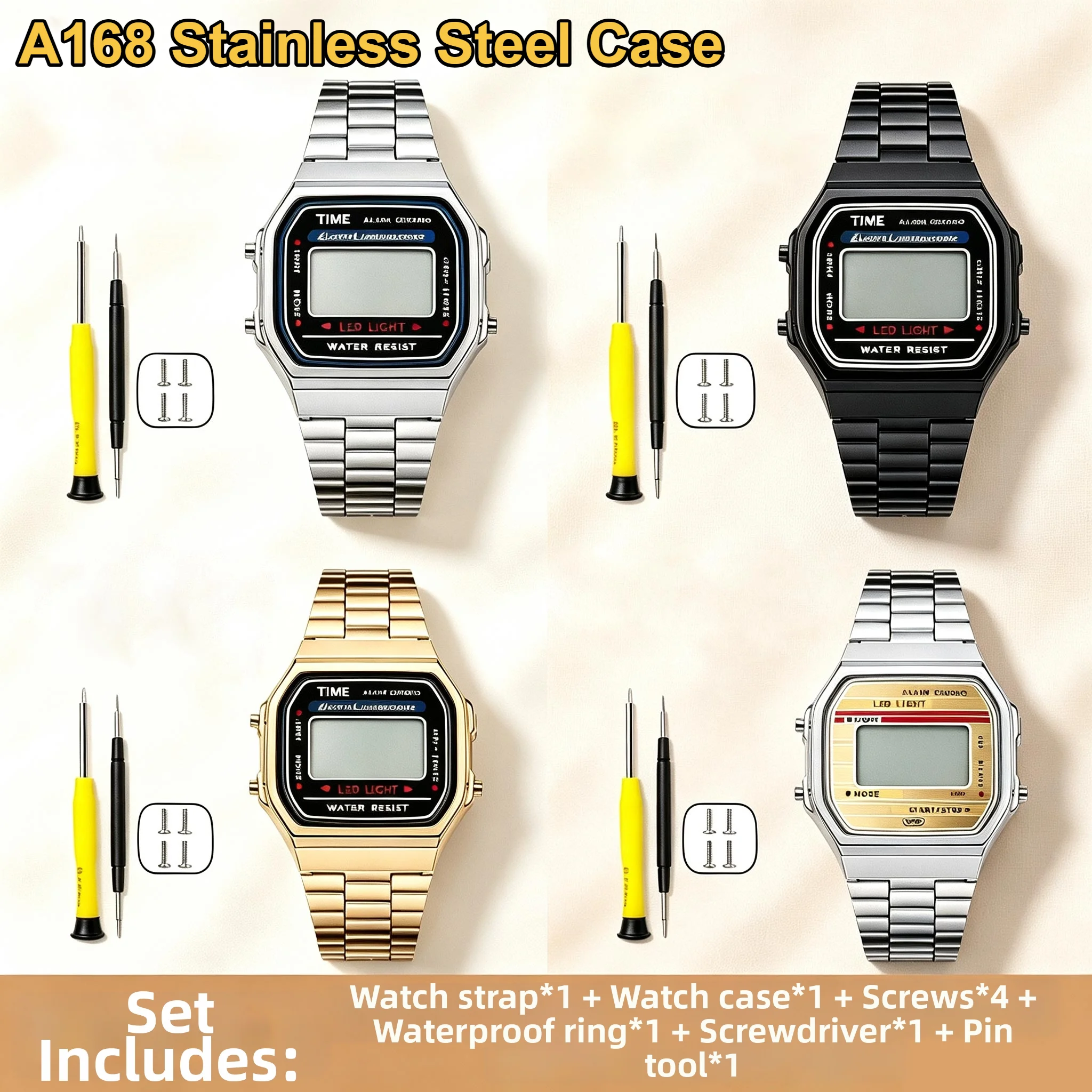 A168 Stainless Steel Case for Casio Electronic Watch A168W A168WA-1 Modified Metal Bezel Watch Case + Strap Suit Watchband Tools