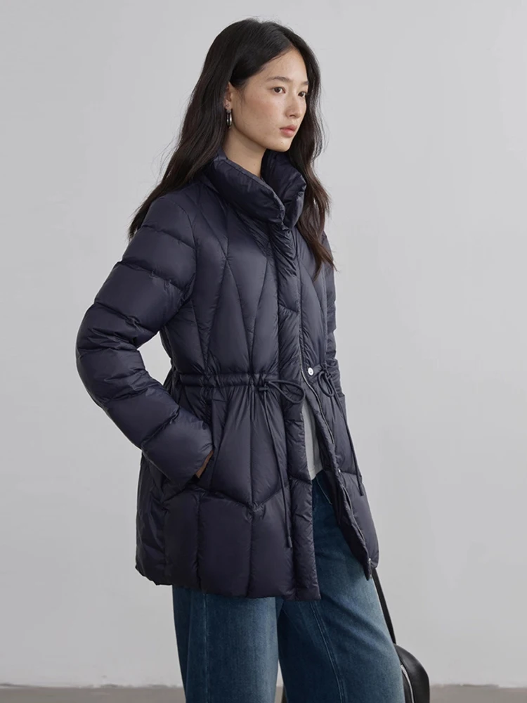 럭셔리 여성용 하이넥 다운 재킷 따뜻한 2026 겨울 우아한 조절 가능한 허리 퍼퍼 코트 루즈한 고품질 INKEO DJ641