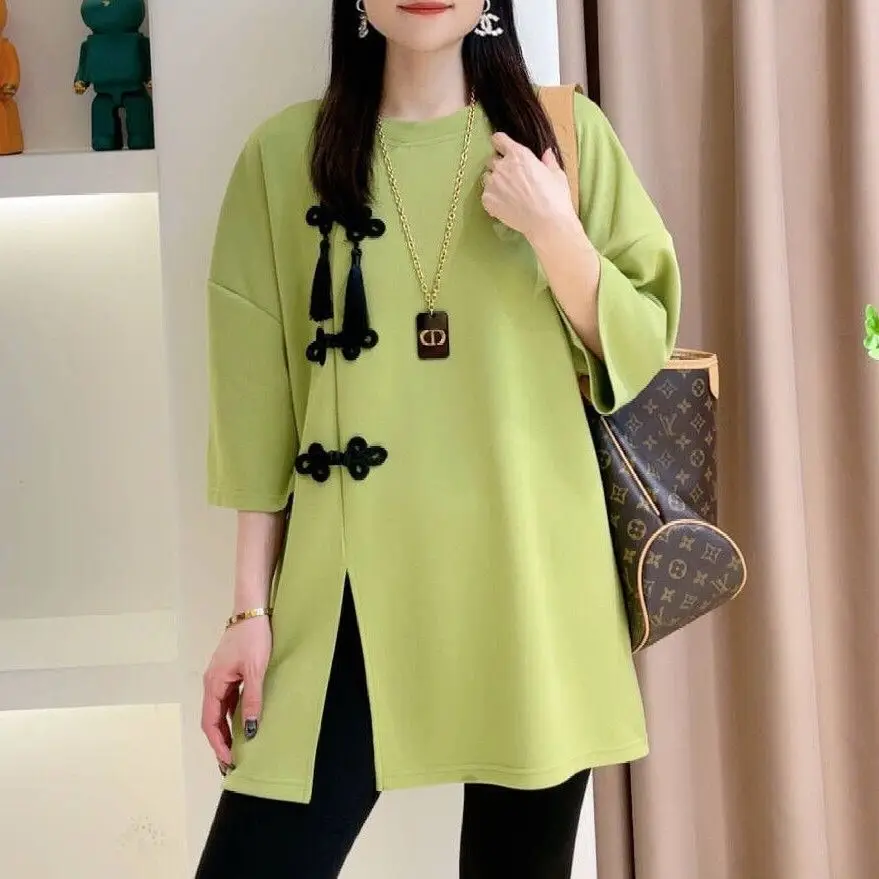Spring Summer Plus Size New Chinese Women Top, Loose Half Sleeve T‑Shirt with Frog Buttons & Split Hem for Curvy Ladies Blouse