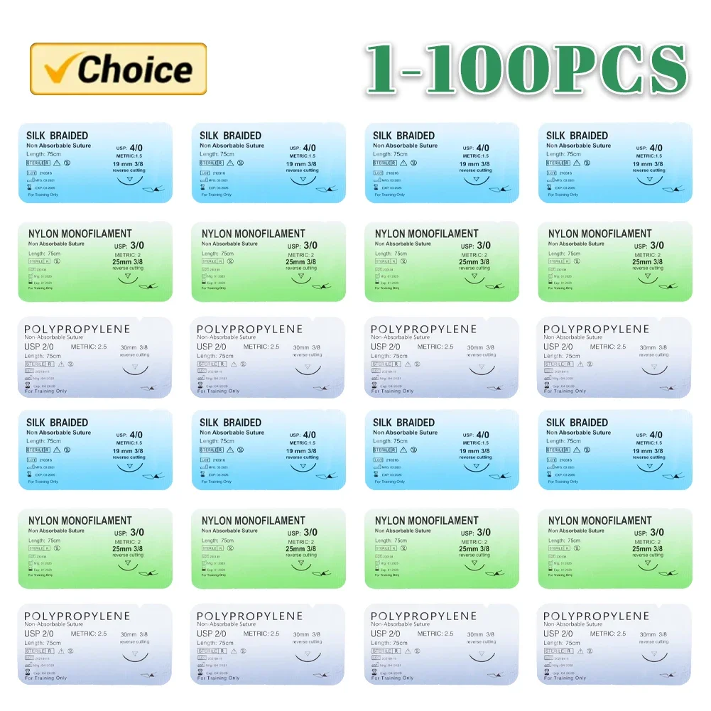 100-1pcs 4/0 Veterinary Practice Suture Kit Nylon Silk Surgical Simulation Suture Non-injured for Medical Students Education