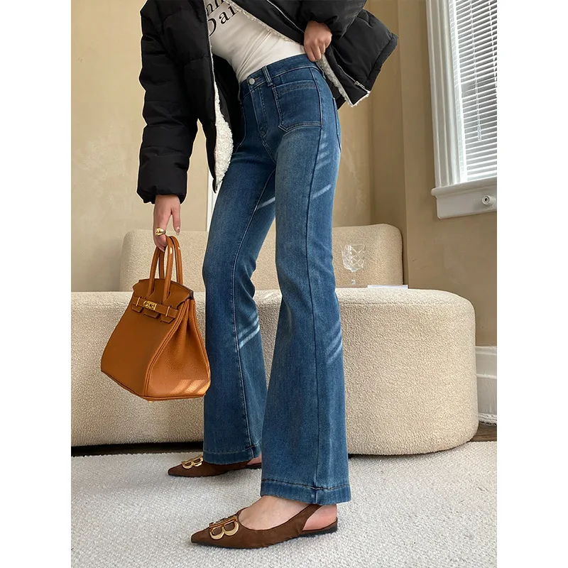 Micro Flared Jeans Fashionable and Modern Pockets High Waisted Pants Spring and Summer Without Adding Velvet