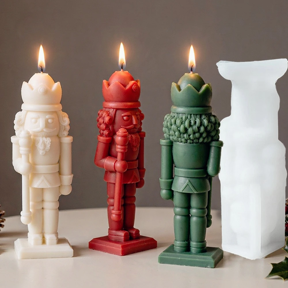 Christmas Standing Nutcracker Soldier Silicone Candle Mold Wooden Stick Bearded Man Resin Soap Making Christmas Party Decor Gift