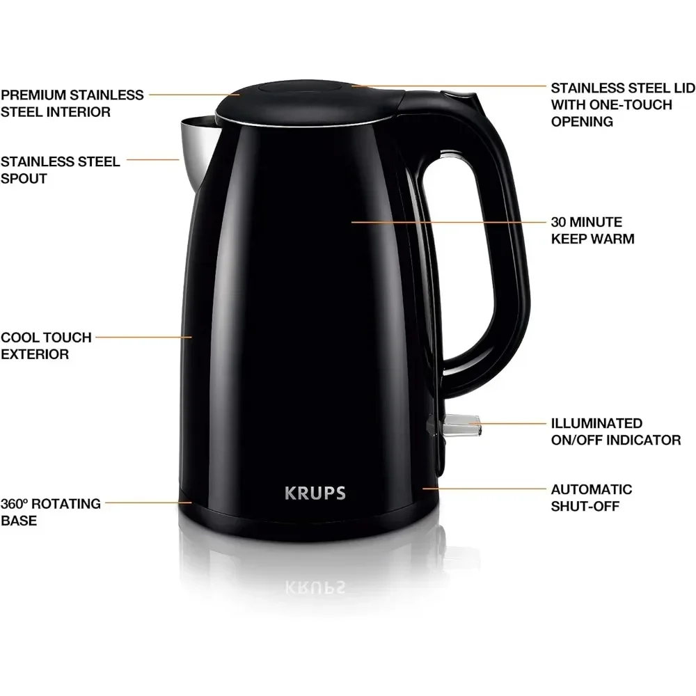 Krups Cool Touch Stainless Steel Interior Electric Kettle 1.5L 1500W Fast Boiling,Double Wall,Fast Boiling,Auto Off,Keep Warm