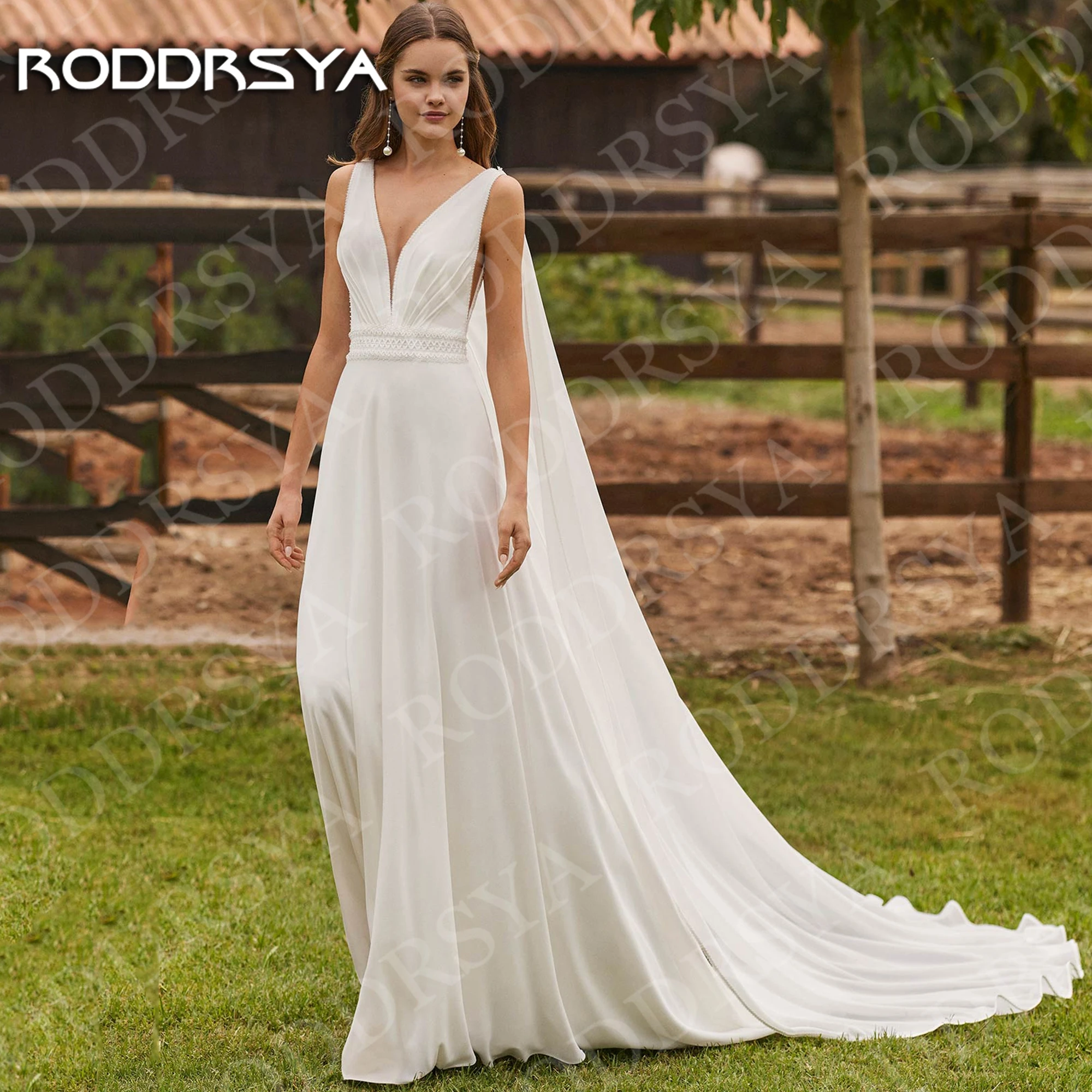 

RODDRSYA Boho Wedding Dresses A Line V Neck Appliques Sexy Sleeveless Chiffon Bridal Dress Backless Customized vestido de novias