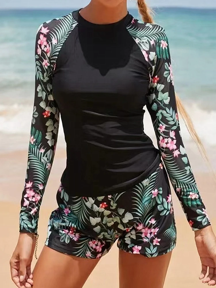 Two Piece Swimsuit Women 2024 New Solid Print Long Sleeve Tankini Swimwear High Waist Boxer Shorts Beachwear Bathing Suit Female