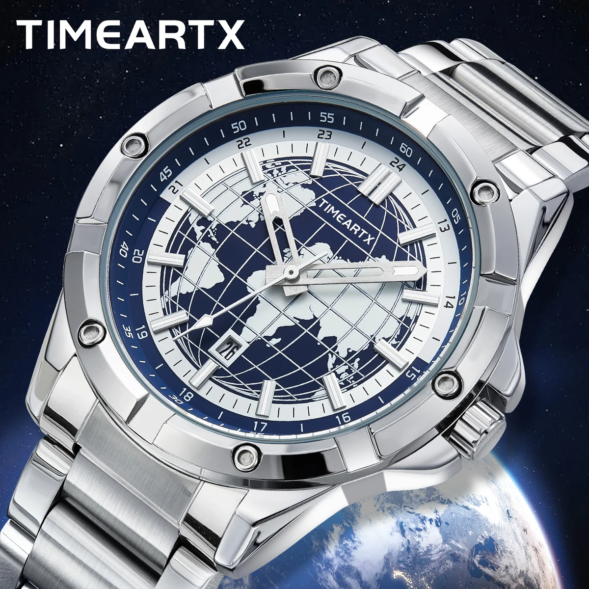 Reloj TIMEARTX para hombre, reloj de pulsera con esfera terrestre, diseño de negocios a la moda, relojes de cuarzo resistentes al agua para hombre