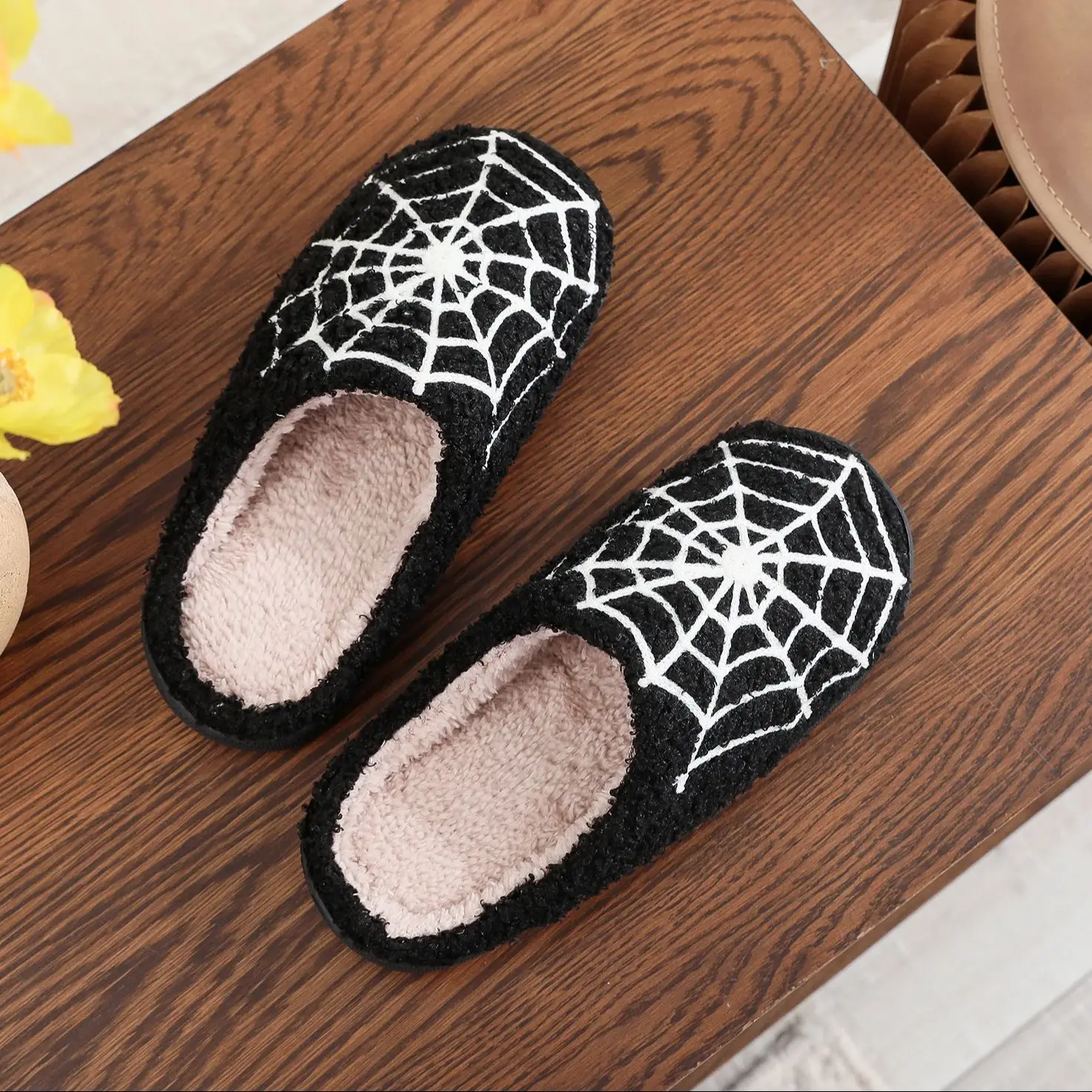 Halloween Spider Web Pattern Horror Pubon Atmosphere fashion Embroidery stuffed Home Thick-soled Cozy Furry Cotton Slippers Personality Warm