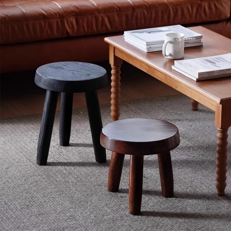 Solid Elm Wood Small Bench Wabi-Sabi Style Mid-Century Low Stool Vintage Entryway Shoe Ottoman Rustic Side End Table for Home