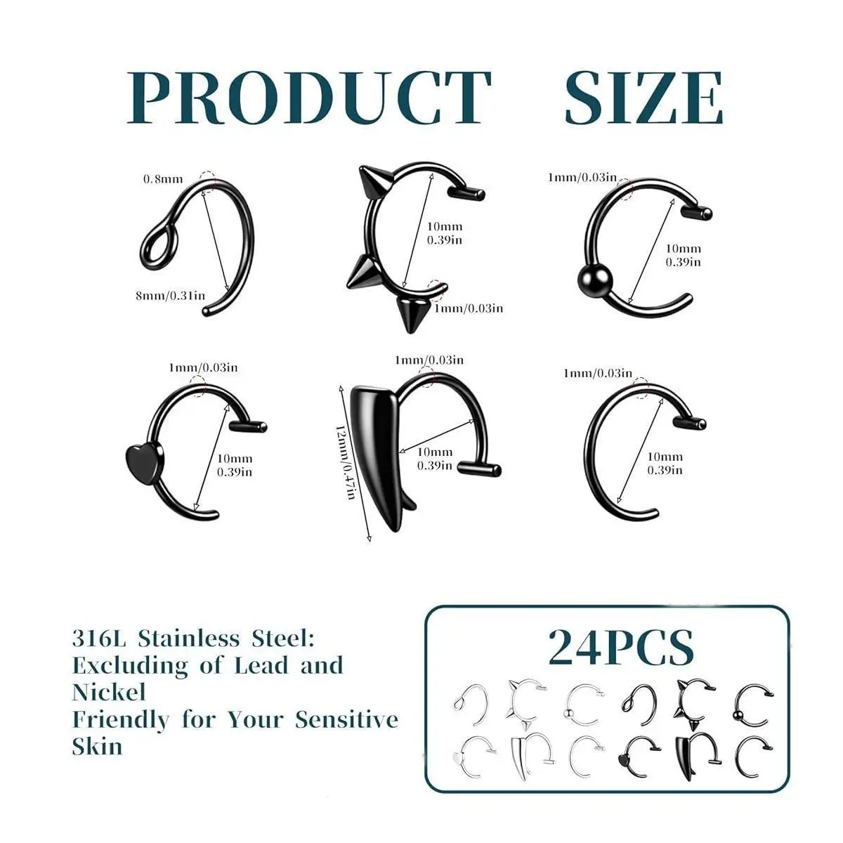 24pcs Fake Lip Ring Fake Snake Bites Lip Piercing Non-Piercing Lip Cuff Ear Cuff Surgical Steel Fake Vampire's Teeth Ring Kit