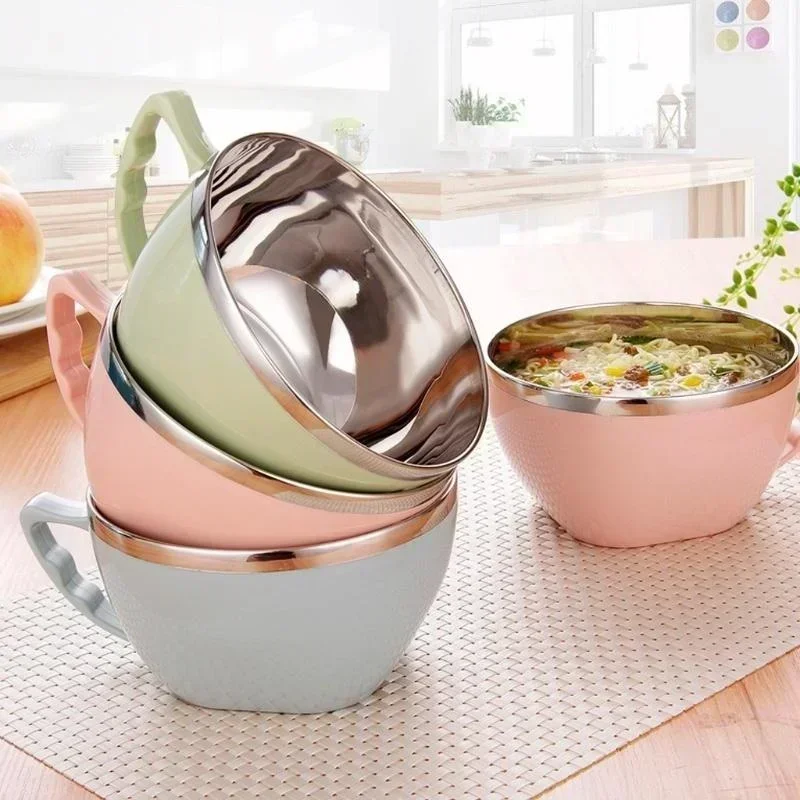 1 Pcs Stainless Steel Bowl With Handle Solid Color Anti Scalding Instant Noodles Mixing Bowl Kitchen Tableware Food Accessory
