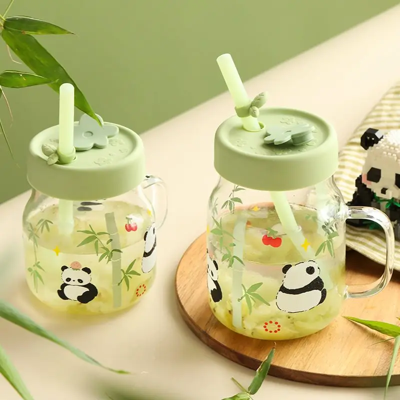 630/780ML Panda High Boron Silicon Glass Silicone Straw Graduated Water Cup Drinking Glasses Kitchen Accessories Household Items