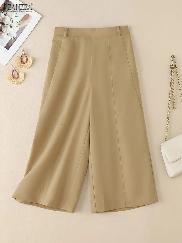 

ZANZEA женские однотонные широкие укороченные брюки с эластичной резинкой на спине на талии, свободные повседневные капри длиной до икры, осень 2023, новинка для поездок на работу