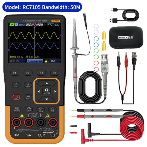RC7105 Dual‑Channel Oscilloscope Multimeter 3 in 1 Digital Oscilloscope Meter Signal Generator 50MHz Handheld Oscillometer