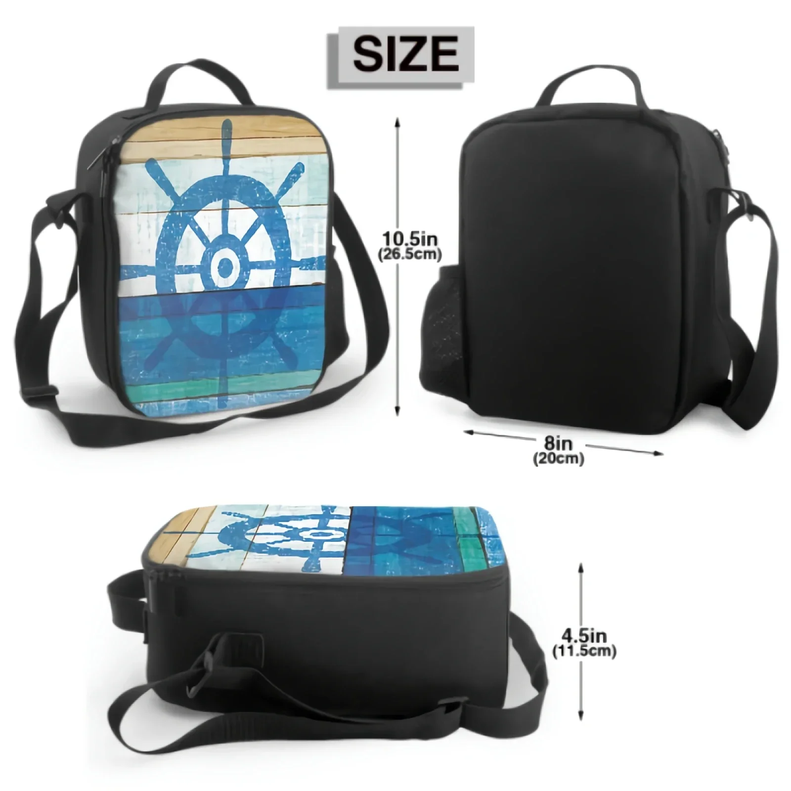 Summer Sailor Rudder Helm Print Insulated Lunch Bag for Adults Kids Washable Tote Crossbody Lunch Container for School Travel