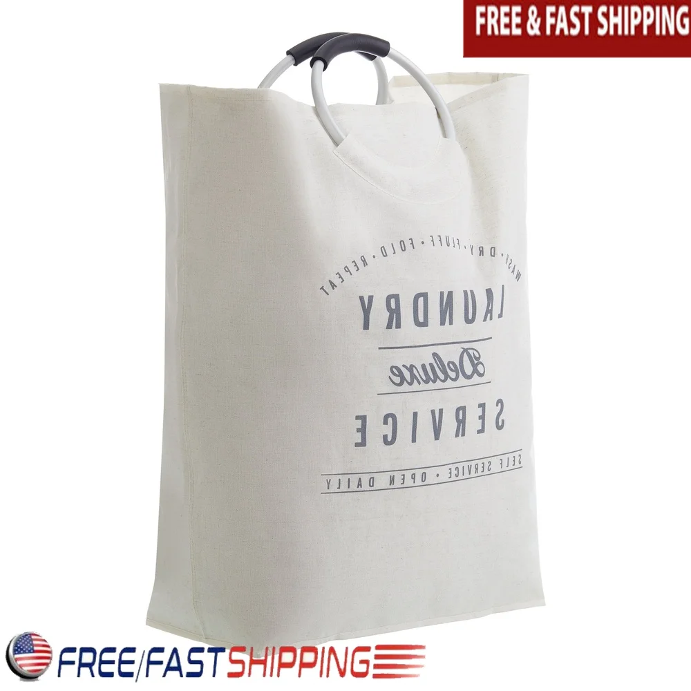 

Deluxe Canvas Laundry Tote with Aluminum Handles Breathable Cotton Vintage Design Foldable Hamper Home Use