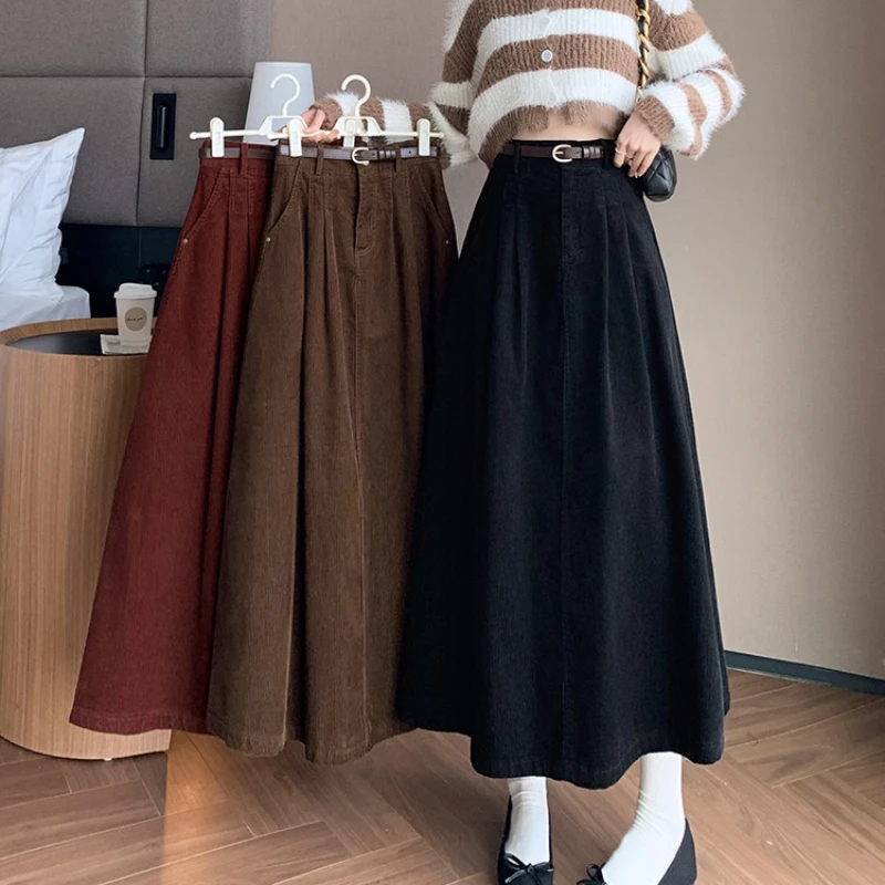 

Высококачественная вельветовая длинная юбка женская осень-зима ретро плиссированная юбка с высокой талией офисная женская элегантная кофейная черная Faldas