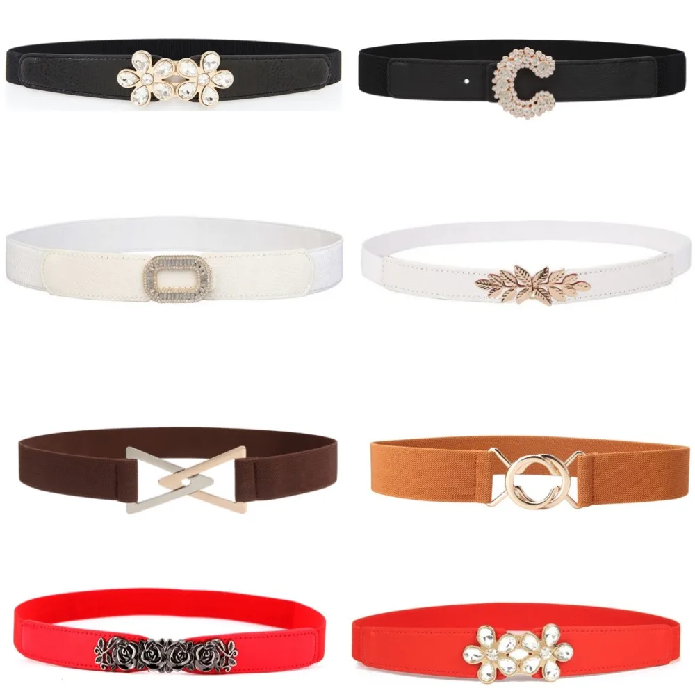 Beauty Crystal Flower Buckle Stretch Waistbands for Dress Gifts Fashion Thin Elastic Cummerbunds for Skirt Party Decorate Lady