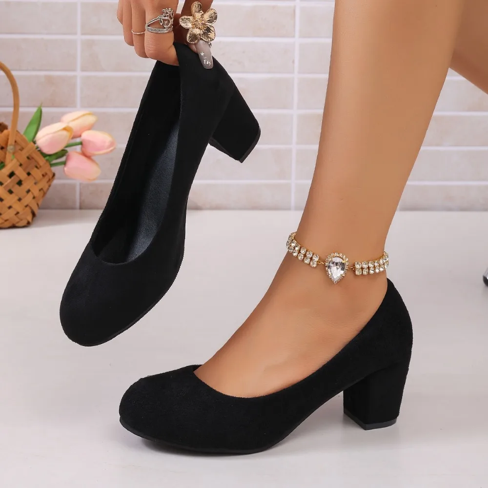 2026 New Spring and AutumnHigh Heels Round Toe Low Heel Single Shoes Elegant Comfortable Square Heel Women's Shoes