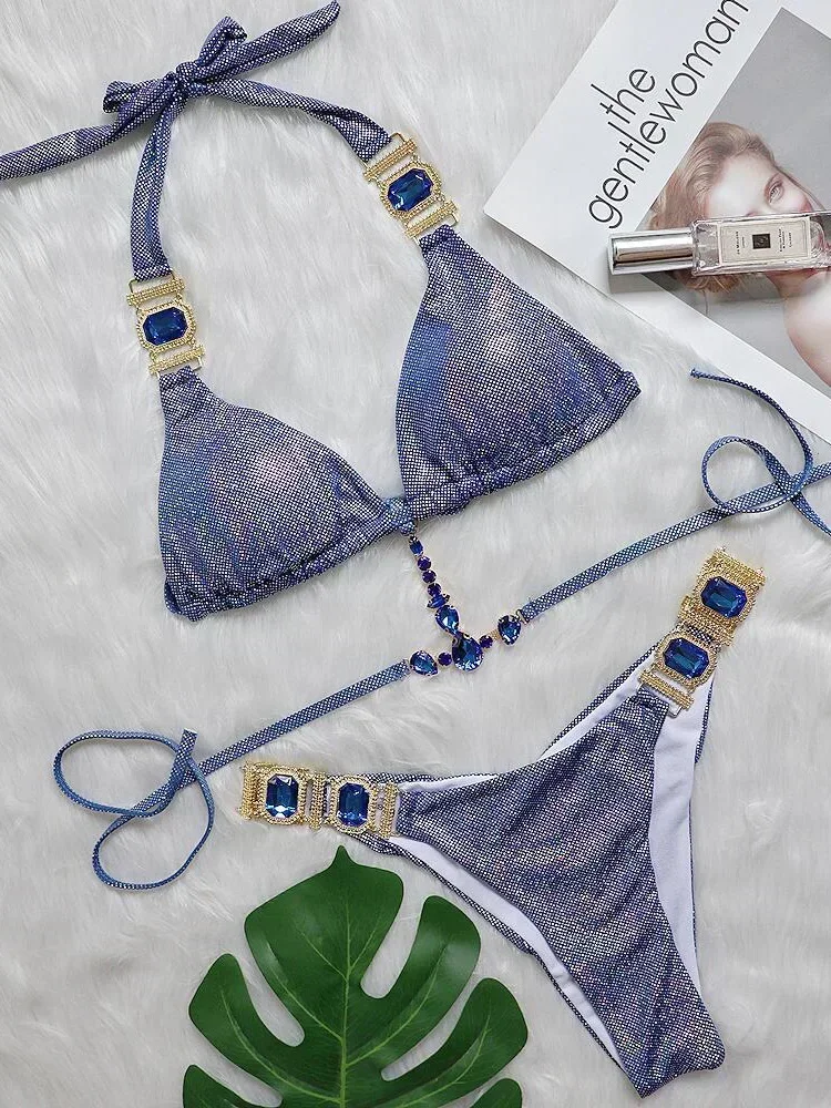 Wrap Around Halter Diamond Bikini Women Swimsuit Female Metal Chains Swimwear Two-pieces Bikini Set Brazilian Bathing Suit Swim