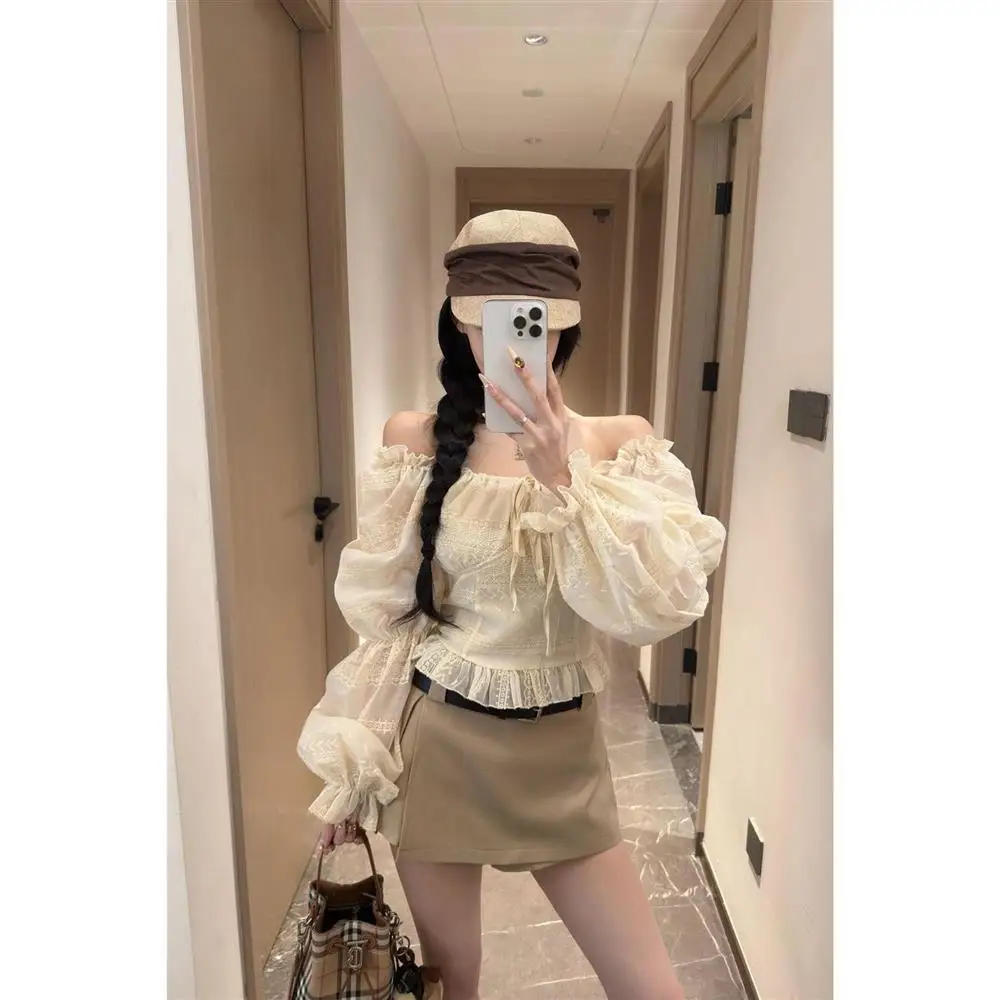 Autumnal Apricot Lace One-Shoulder Shirt Pure Desirable Elegant Waist-Cinching Bubble Sleeve Top Korean Style Commute Fashion