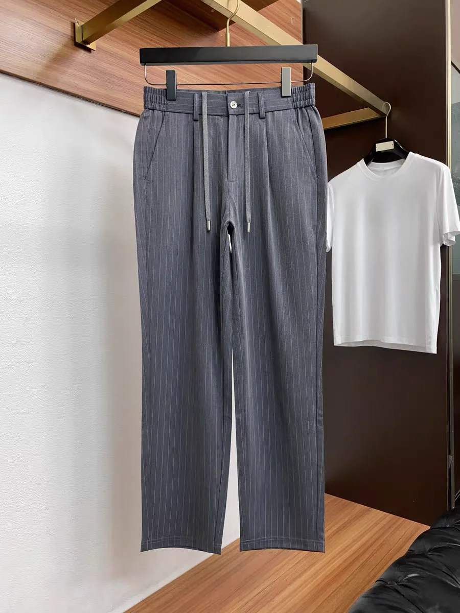 

Italian Vintage Style Men's Casual Pants Summer Draped Straight Leg Drawstring Commute Business Casual Striped West Pants