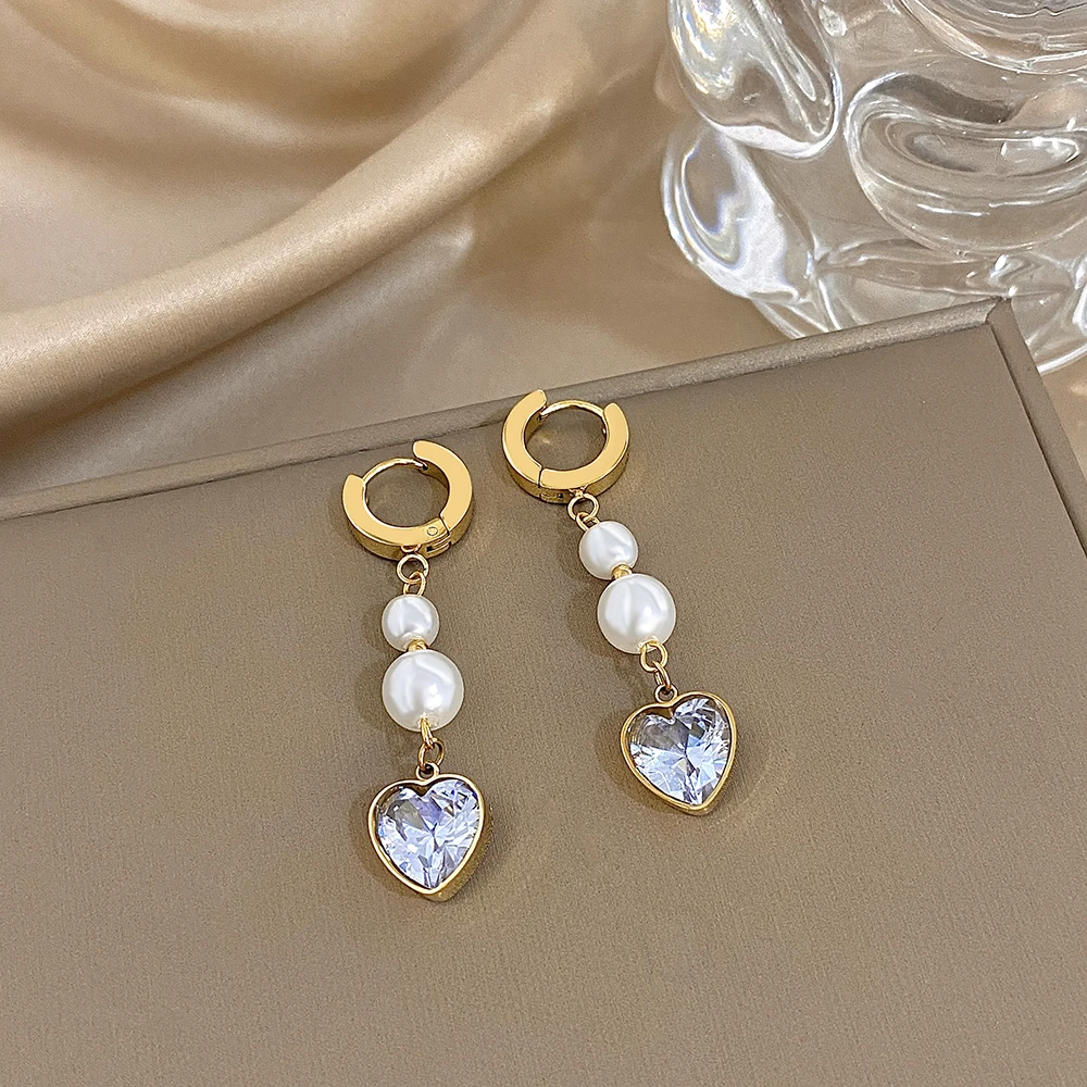 

DODOHAO Crystal Long Dangle Earrings For Women Love Heart Drop Earrings Pearl Stainess Steel Earing Elegant Fashion Jewelry